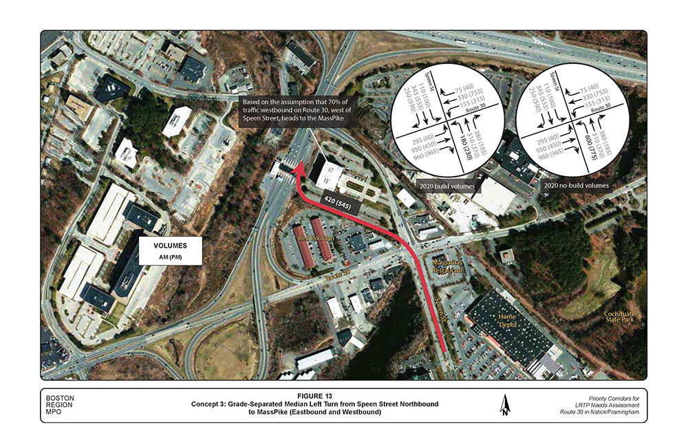 FIGURE 13. Aerial-view map that shows the grade-separated median left turn from Speen Street northbound to the MassPike (eastbound and westbound), illustrating MPO-staff “Concept 3,” which also would reduce congestion.